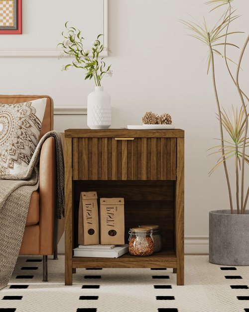 Veegle Nightstand,Farmhouse Night Stand with Storage Drawer and Open Wood Shelf,Walnut Brown