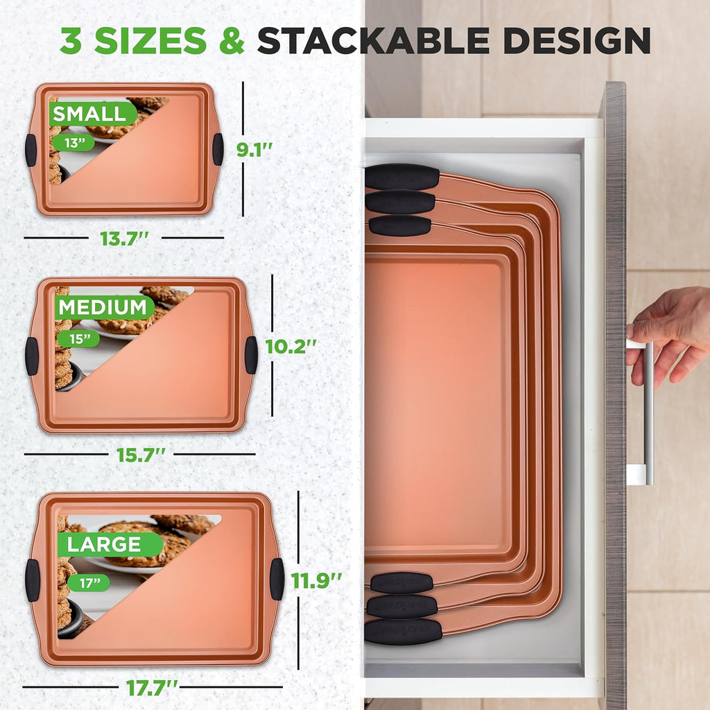 NutriChef Nonstick Cookie Sheets Set - 3 Piece PFOA-Free Carbon Steel Bakeware with Silicone Handles