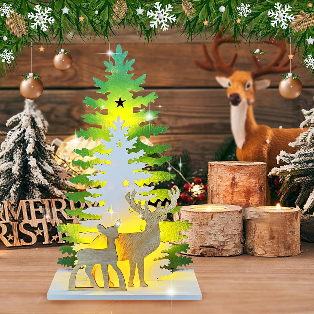 Supergorea Lighted Christmas Tabletop Decorations - Wooden Tree & Deer Decor | LED Battery-Powered, 12.7 Inch