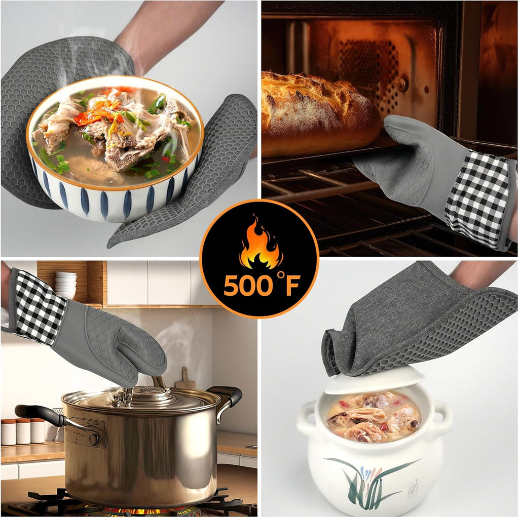 Skiennix Silicone Oven Mitts Set - Heat Resistant 4-Piece Kitchen Bakeware with Pot Holders & Hot Pads