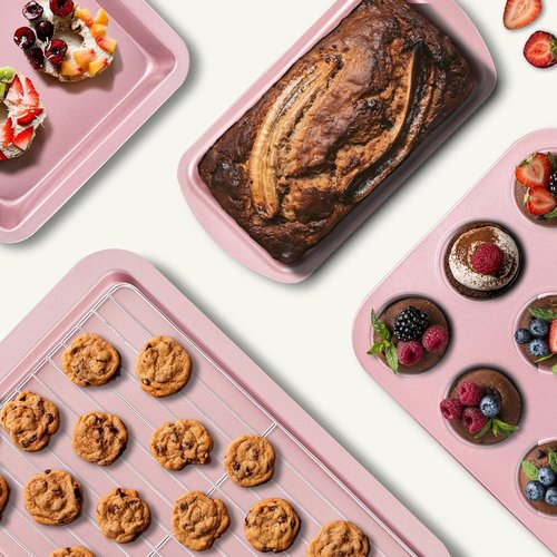 KITESSENSU Nonstick Baking Pans Set - 7-Piece Bakeware with Round, Square, Loaf, Muffin, Cookie, and Roast Pans | Pink