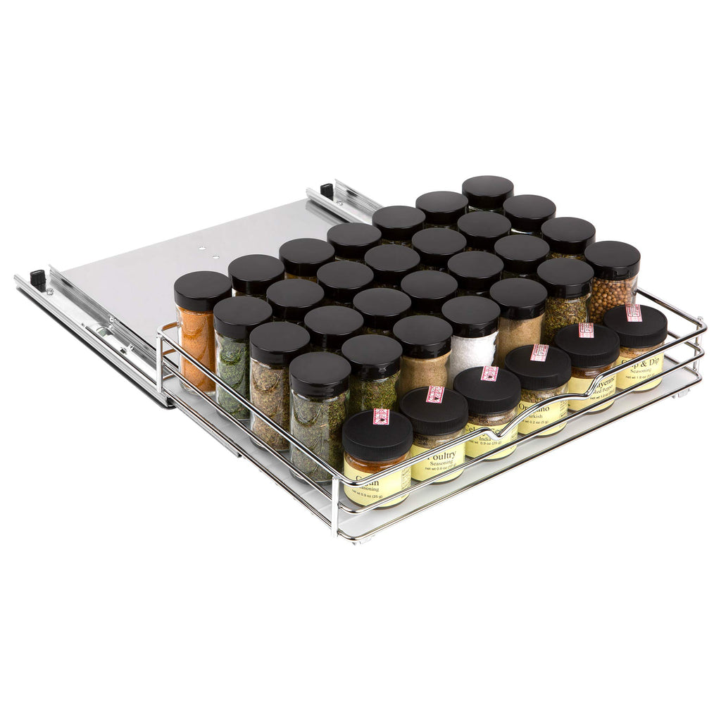 Pull-Out Cabinet Spice Rack Organizer - Slim Slide-Out Storage for Spices, Bottles & Jars, Premium Heavy-Duty Steel, Easy Install for Narrow Kitchen Cabinets - 14 ⅜ W x 10 ⅜ D x 2 ¾ H, Chrome