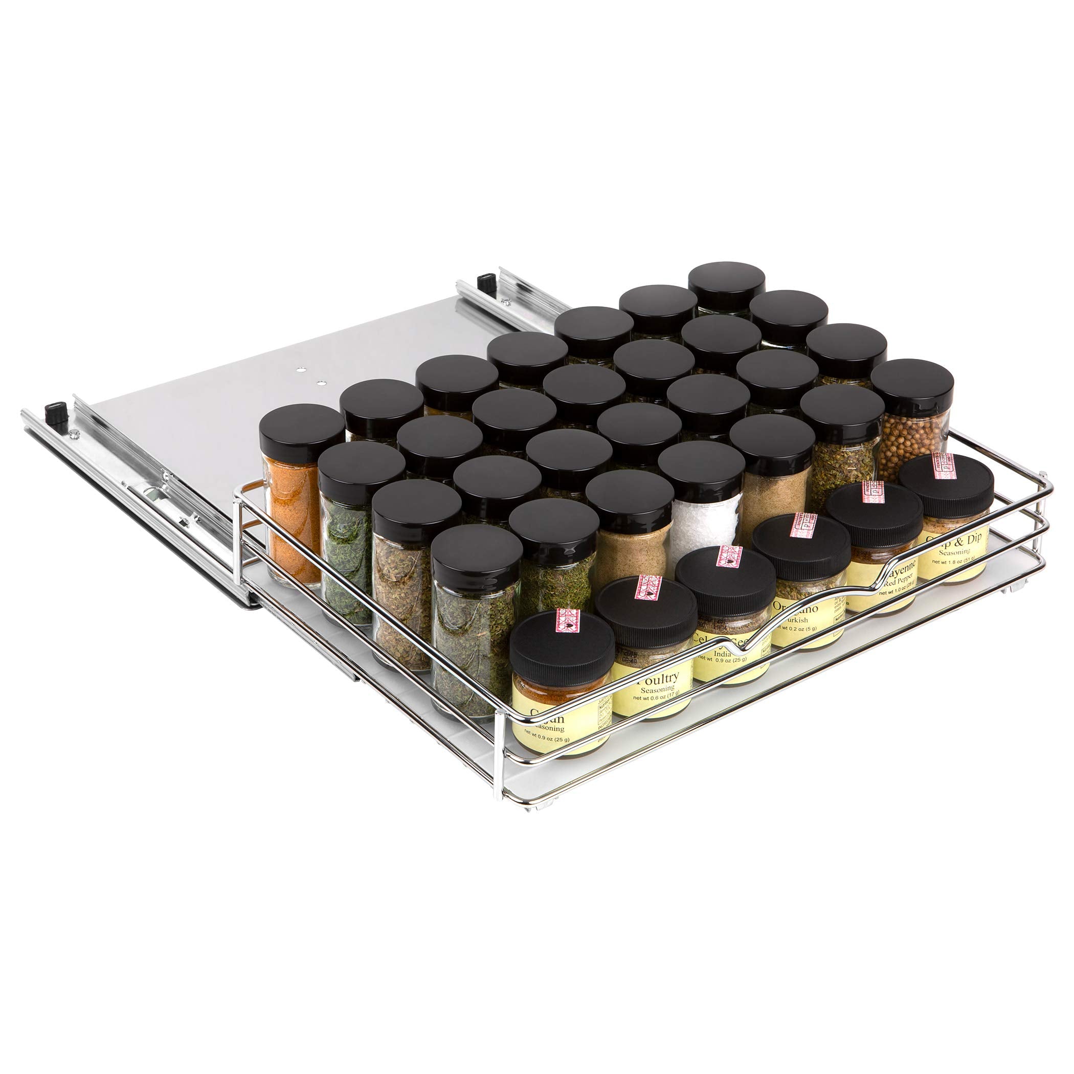 Pull-Out Cabinet Spice Rack Organizer - Slim Slide-Out Storage for Spices, Bottles & Jars, Premium Heavy-Duty Steel, Easy Install for Narrow Kitchen Cabinets - 14 ⅜ W x 10 ⅜ D x 2 ¾ H, Chrome