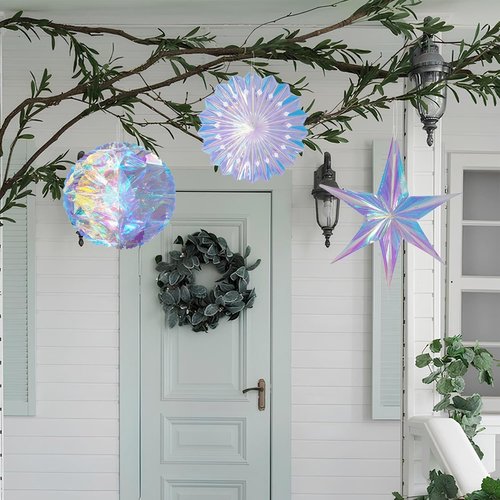 GREATRIL Iridescent Party Decorations - 3 PCS Honeycomb Balls, Paper Fans & Stars for Themed Events