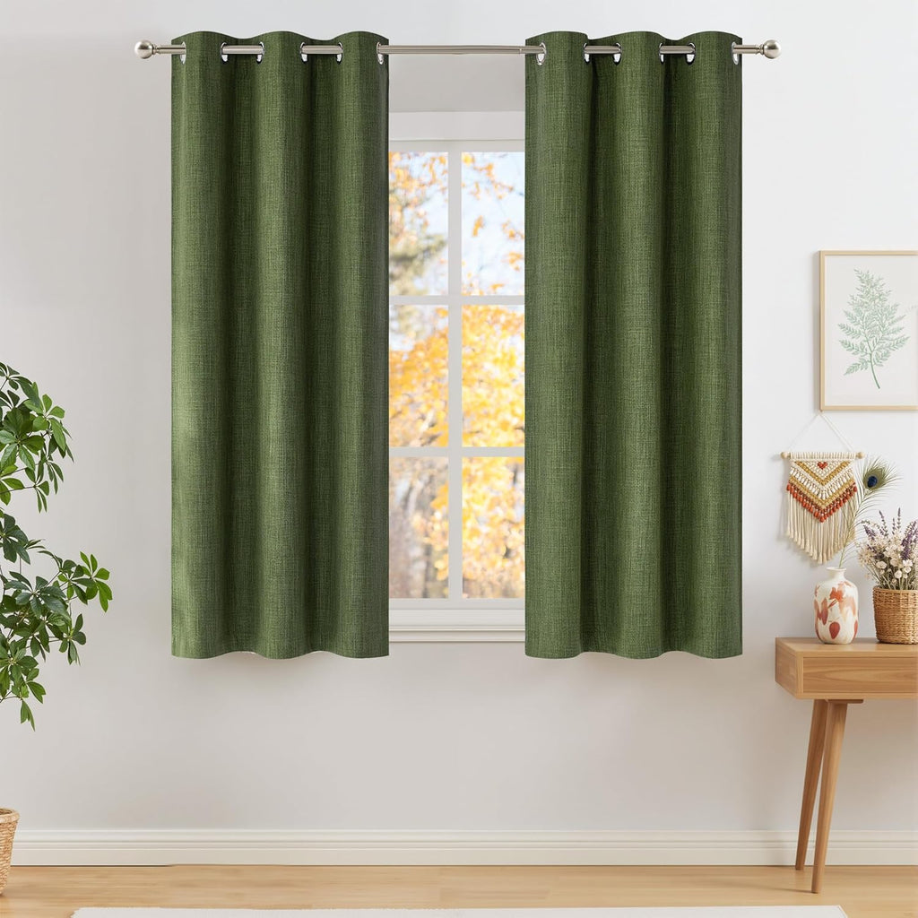 NICETOWN Faux Linen Blackout Curtains - Forest Green, 63-Inch Length, Modern Farmhouse Style, 2 Panels