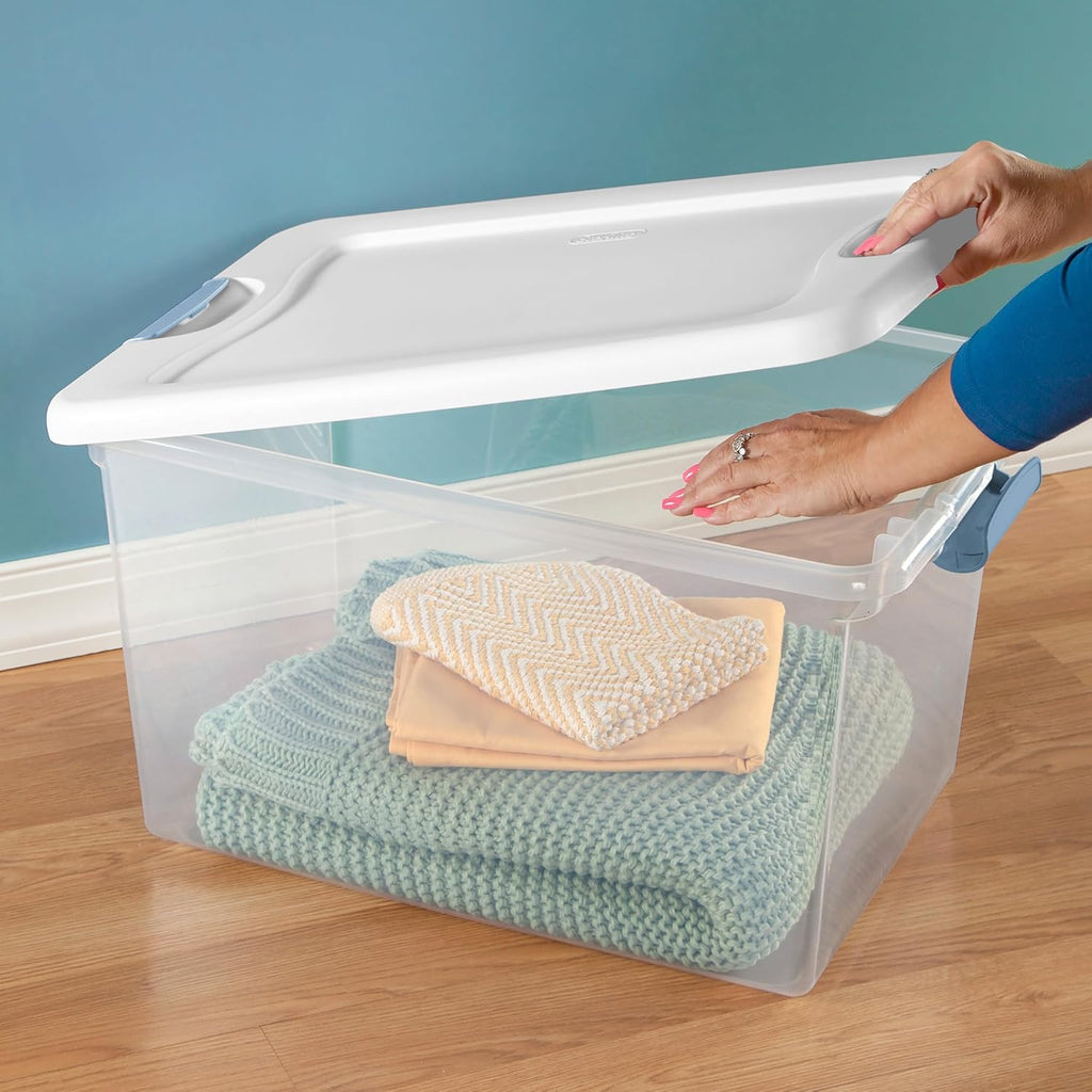Sterilite 64 Quart Latching Storage Bins - Clear Plastic Organizer with White Lids for Home & Dorm