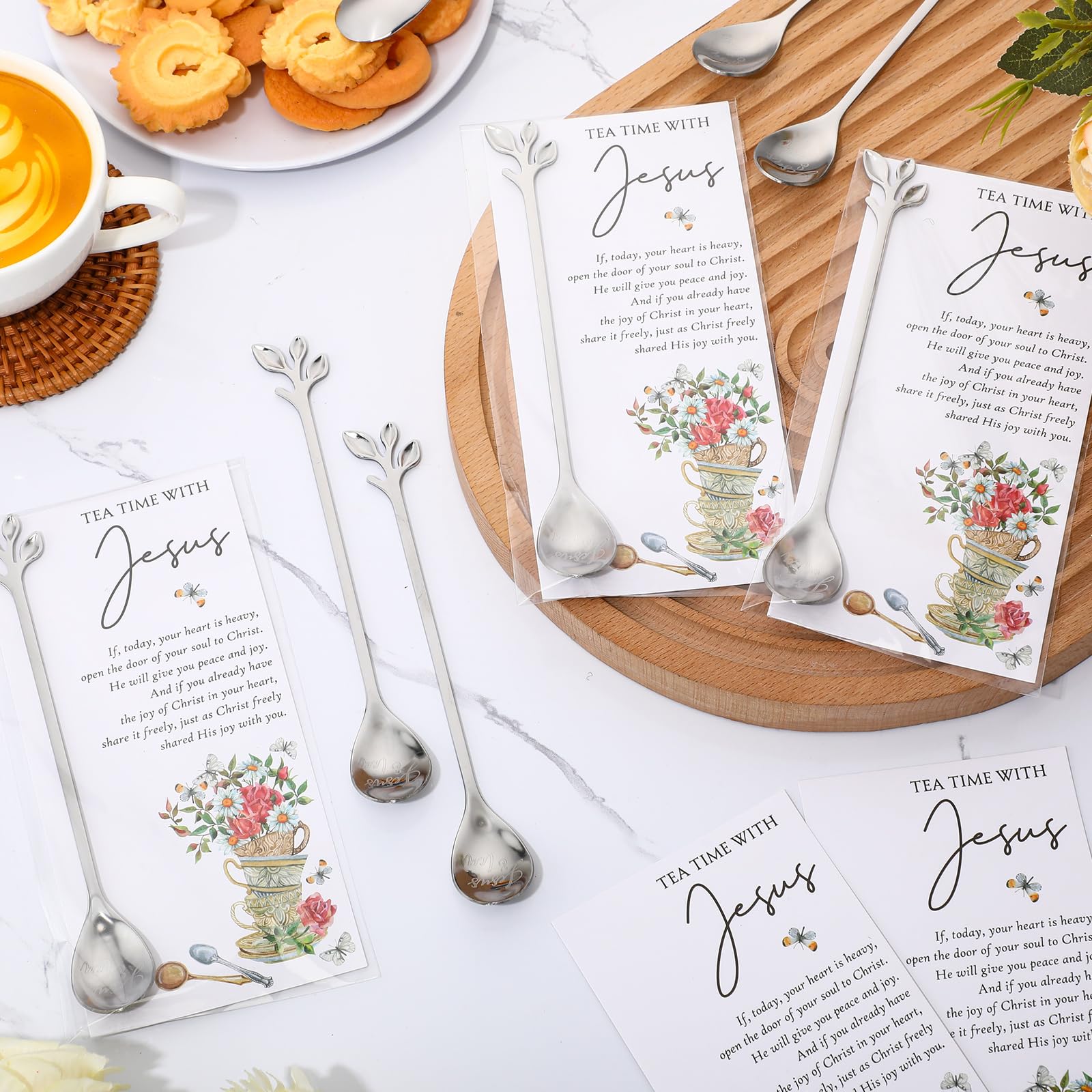 Skybooly 30 Sets Christian Tea Party Favors Jesus Teaspoons with Prayer Cards 6.5" Coffee Spoons Souvenirs for Tea Party Church Christmas Easter Family Reunion Gifts, Silver