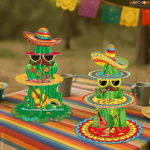 KatchOn, 2Pcs Fiesta Cupcake Stand – 3 Tier Cactus Cupcake Holder for Summer, Taco Party, Cinco de Mayo, Tropical Theme, Mexican Birthday, Fiesta Decorations, Cactus Party Supplies