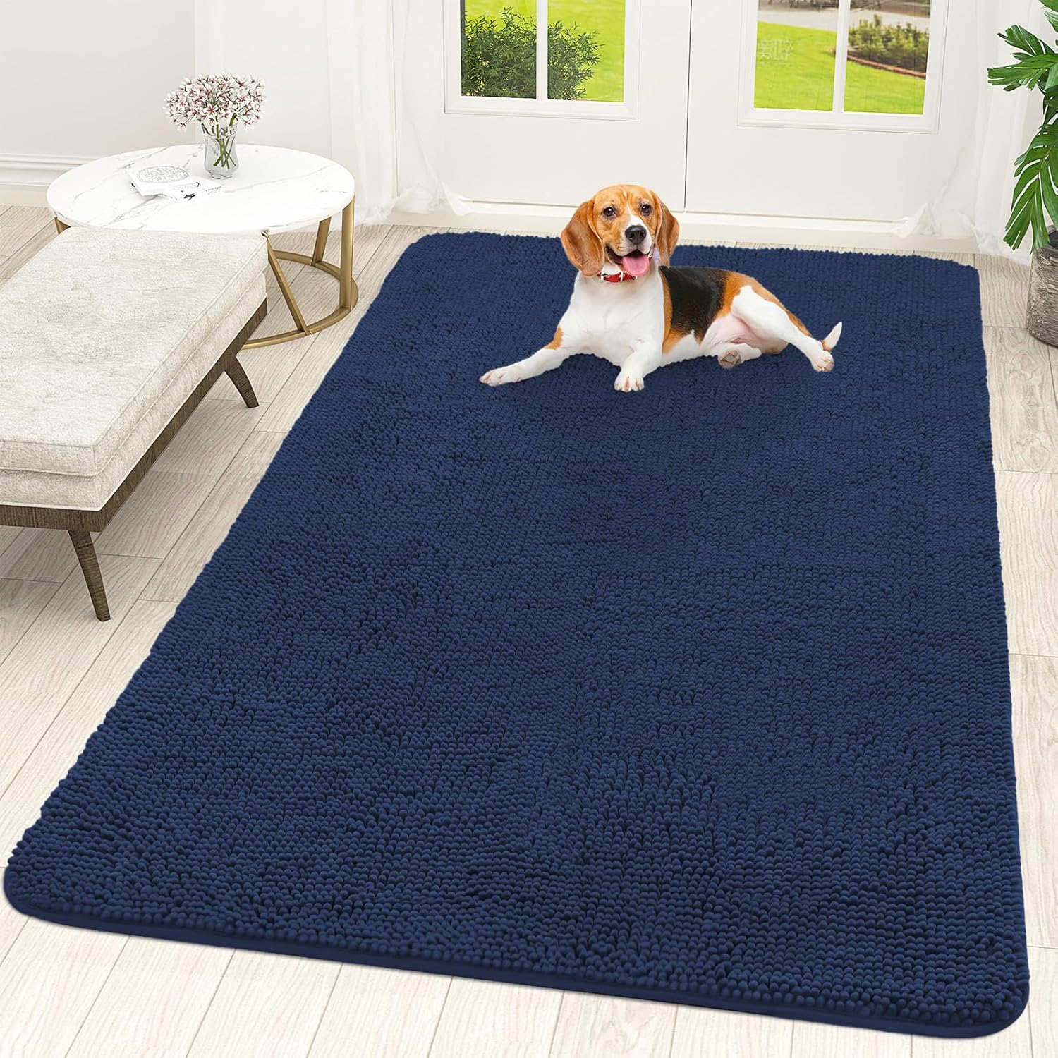 OLANLY Dog Door Mat - Absorbent Non-Slip Chenille Mat for Muddy Paws | 70x46, Dark Blue