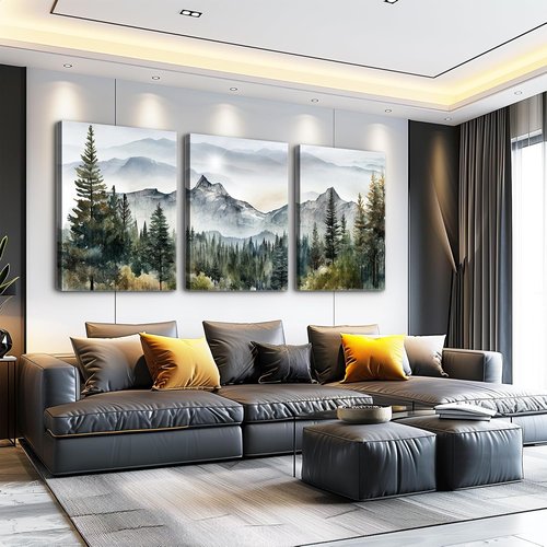 MHARTK66 Large Wall Art - Modern Abstract Mountain Forest Landscapes | 3-Piece Framed Canvas Set for Living Room & Office Decor