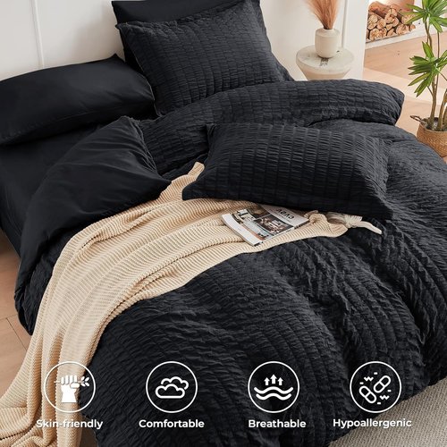 HYMOKEGE Ultra Soft Black Duvet Cover Set - 3-Piece Queen Size Seersucker Bedding with Zipper Closure & 8 Corner Ties (90"x90")