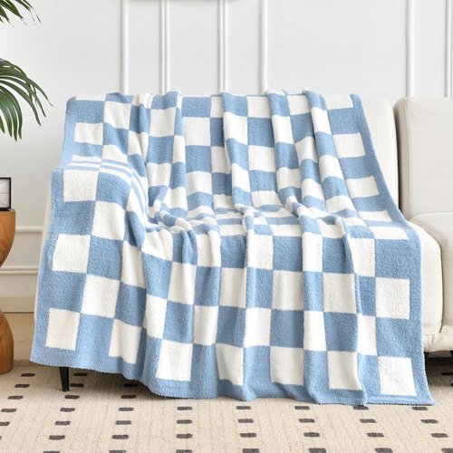 Checkered Knitted Throw Blanket - Cozy Soft Fluffy Plaid Design | Lightweight 50"x60" for Couch & Travel