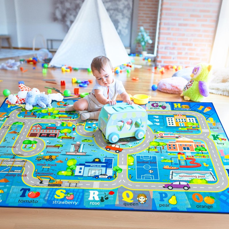 Chicrug 5x7 Car Road Area Rug for Kids Playroom Bedroom, Non Slip Low Pile Washable ABC Alphabet Carpet for Classroom, Track Play Mat for Toddler Children Nursery Baby Room Decor, Blue