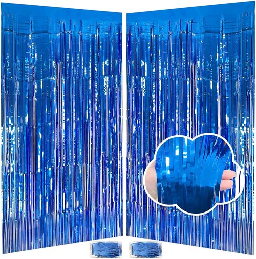Blue Streamers | 3.3x8.2ft Dark Blue Tinsel Backdrop - Ocean Themed Party Decorations, 2 Pack