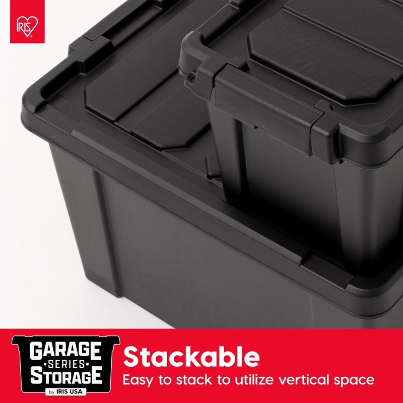 IRIS USA 5 Gallon Lockable Storage Bins with Lids, 6 Pack - Made in USA, Heavy Duty, Stackable Containers, Garage Organizing Bins Moving Tubs, Rugged Sturdy Equipment Utility Box - Black