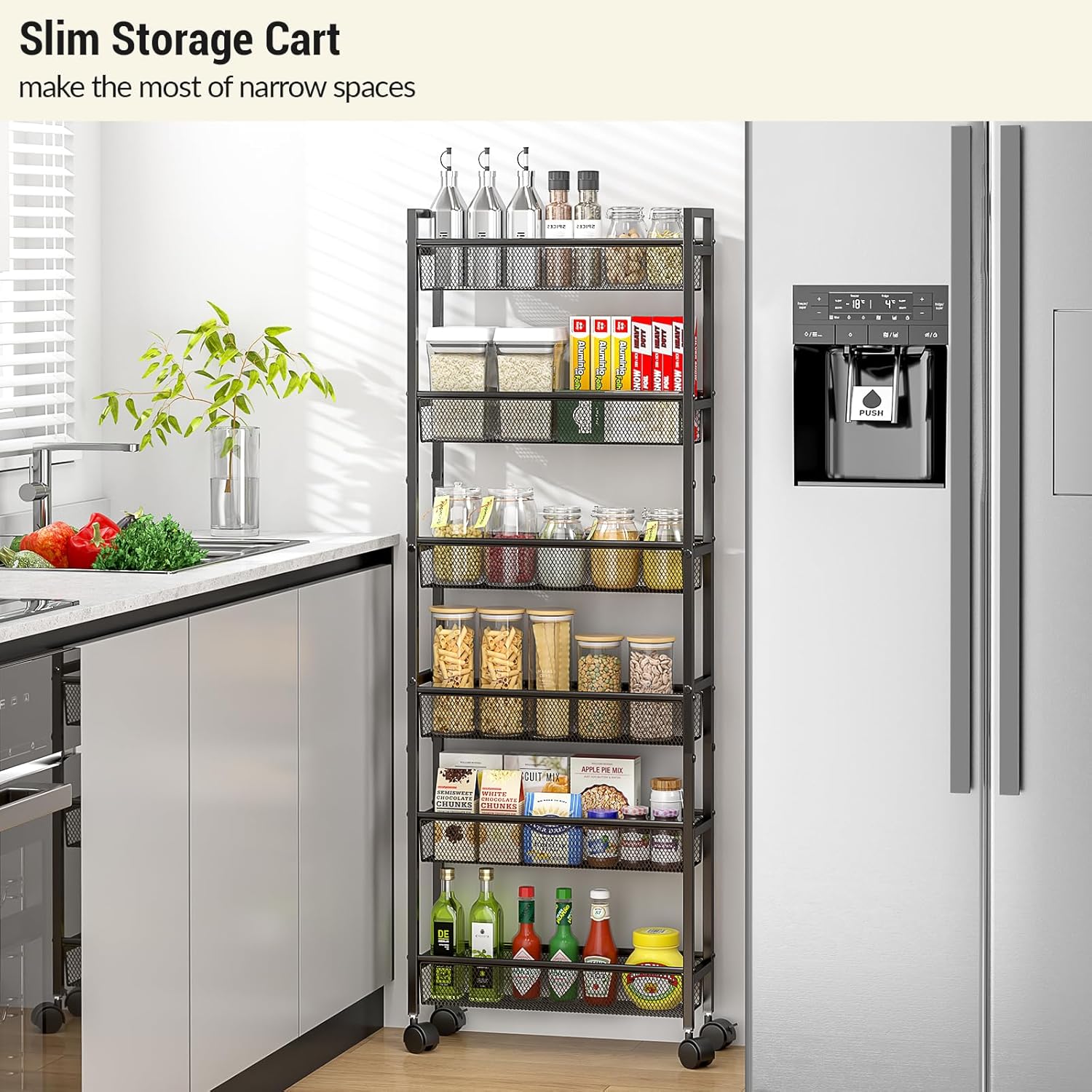ThreeHio 6-Tier Slim Storage Cart - Mobile Metal Shelving Unit with Wheels for Kitchen & Narrow Spaces | Black, 6in Width