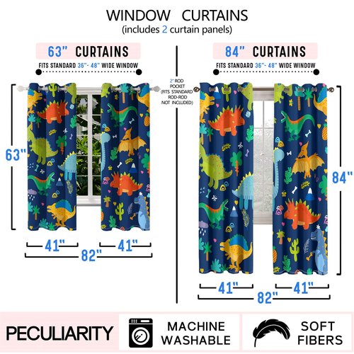 Kossmjx Cartoon Dinosaur Curtain Panels Curtains Blue Curtains for Boys Bedroom Grommet Top Window Treatment 2 Panels Drapes Kids Room Decor Navy Blue Curtain 84 Inch Length, 82" x 84"