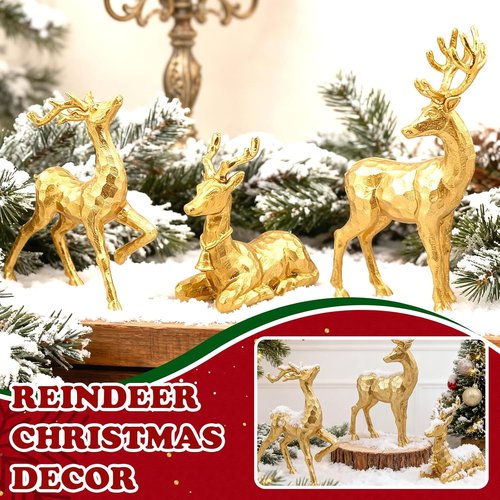 Exasinine Gold Reindeer Decor - 3 PCS Christmas Figurines for Holiday Indoor Decorations | Centerpieces & Ornaments