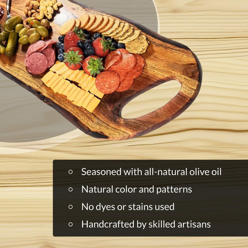 Acacia Charcuterie Board with Natural Live Edge & Round Handle - Wood Cheese Board - Decorative Wooden Serving & Cutting Board - Housewarming, Mothers Day, New Home & Wedding Gifts (XL - 24” x 10”)