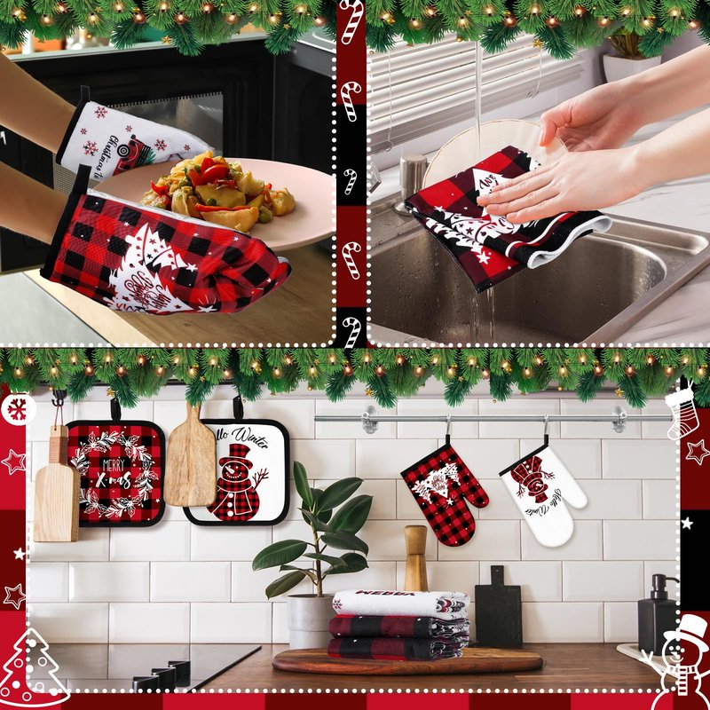 Pickmesh 12 Pcs Fall Kitchen Towels and Oven Mitt Sets 4 Maple Leaf Oven Mitts 4 Harvest Dish Towels and 4 Plaid Pot Pumpkin Holders Cooking Accessories for Thanksgiving Autumn Kitchen Decoration
