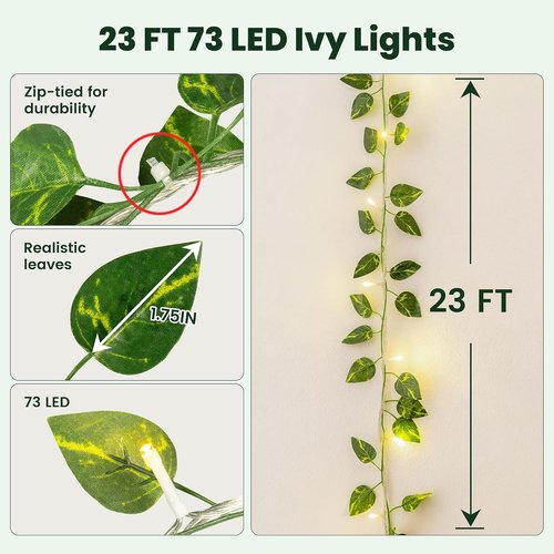 HEYFUNi Pothos String Lights - 23 Ft with 73 LED Warm White Leaf Lights for Bedroom & Wedding Decor