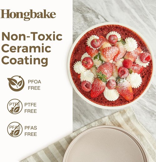 HONGBAKE Nonstick Ceramic 9-Inch Round Cake Pan Set - Heavy-Duty Aluminized Steel, Non-Toxic Molds for Cheesecake & Cream