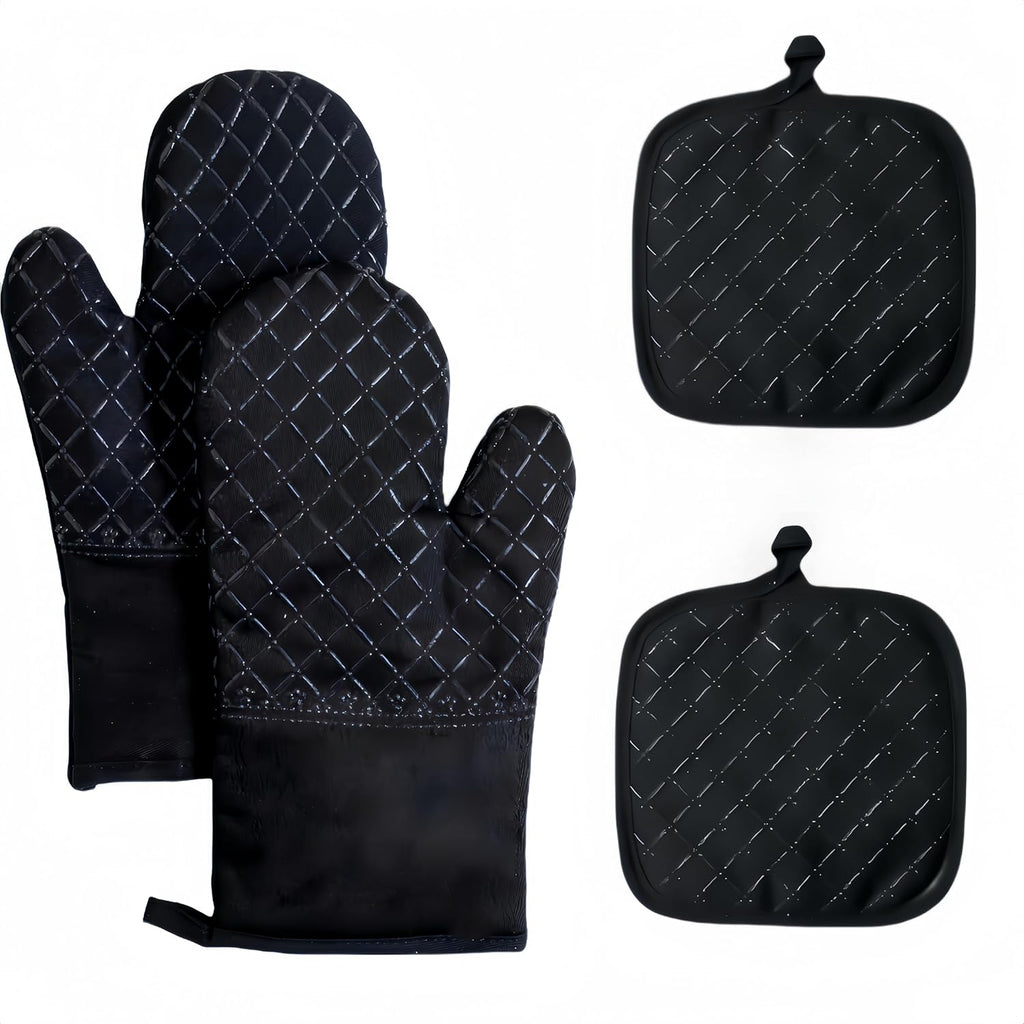 Skiennix Oven Mitts & Pan Racks Set - Heat Resistant 500°F | Non-Slip Silicone, Black, 4-Piece