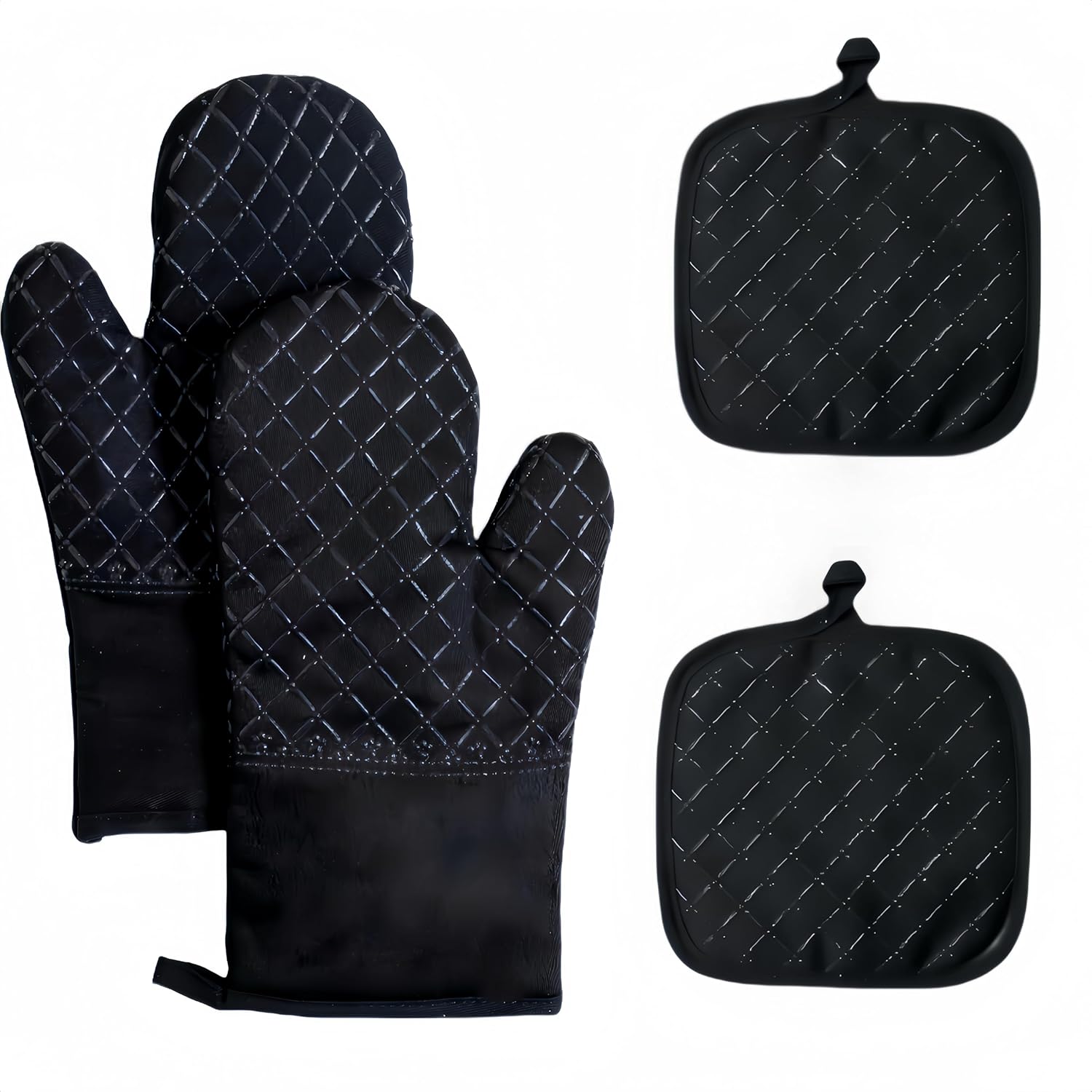 Skiennix Oven Mitts & Pan Racks Set - Heat Resistant 500°F | Non-Slip Silicone, Black, 4-Piece