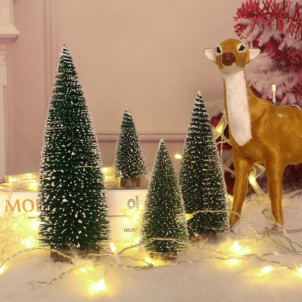 Skiennix Mini Christmas Tree - Small Pine Tabletop Decor with Wooden Bases | Green - Set of 4