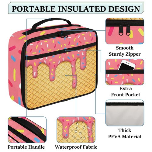 Ice Cream Kids Lunch Box for Girls Boys Toddler Insulated Lunch Bags, Cherry Flavor Dessert Mini Cooler Back to School Lunch Tote Bag Portable Thermal Meal Tote Kit Soft Bag