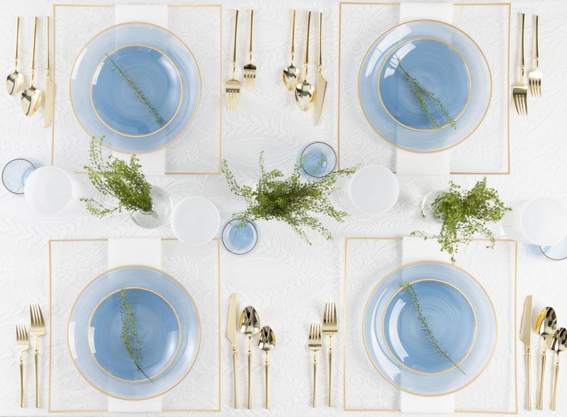 PLASTICPRO 128 Pieces Crystal Design Plastic Plates Combo Pack 7 inch and 10 inch Gold Rim Elegant Disposable Plates, Transparent Blue