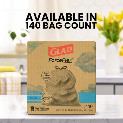 Glad ForceFlex Tall Kitchen Trash Bags - 13 Gallon, Fresh Clean Scent, 140 Count Pack