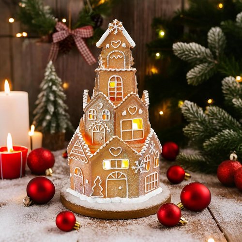 Beeveer LED Christmas Gingerbread House Decoration - Charming Resin Village Set | 5 x 5 x 8.25 Inch