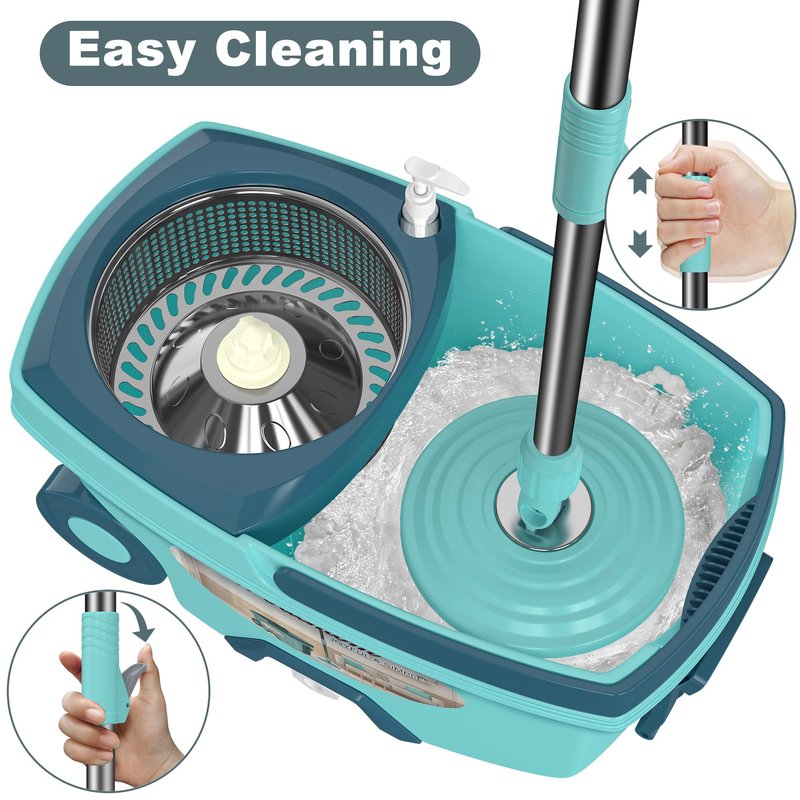 Mop and Bucket with Wringer Set,Spin Mop and Bucket System, Mops for Floor Cleaning,Household Supplies Tools with 6 Replacement Refills,61" Extended Handle for Household Hardwood Floor - White