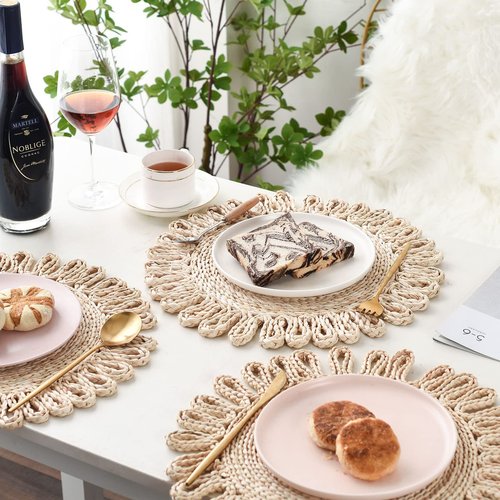 IcosaMro Round Woven Placemats for Dining Table Set of 6 Small Natural Braided Rattan Tablemat Flower Wicker Charger Plates for Holiday Christmas Kitchen Table Mat, Beige, 12.5 Inches