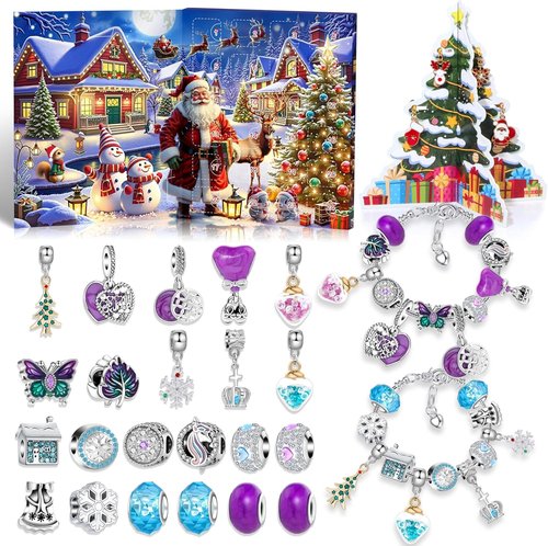 Advent Calendar 2025 - Kids' Christmas Countdown with 22 DIY Charm Beads & 2 Bracelets | Purple