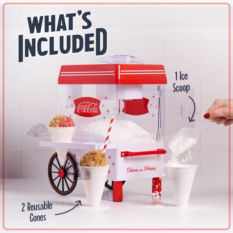 Nostalgia Coca-Cola Snow Cone Machine – Retro Table-Top Snow Cone Maker with Stainless Steel Blades – Slushie Machine Includes 2 Reusable Plastic Cups & Ice Scoop, Makes 20 Icy Treats - White & Red