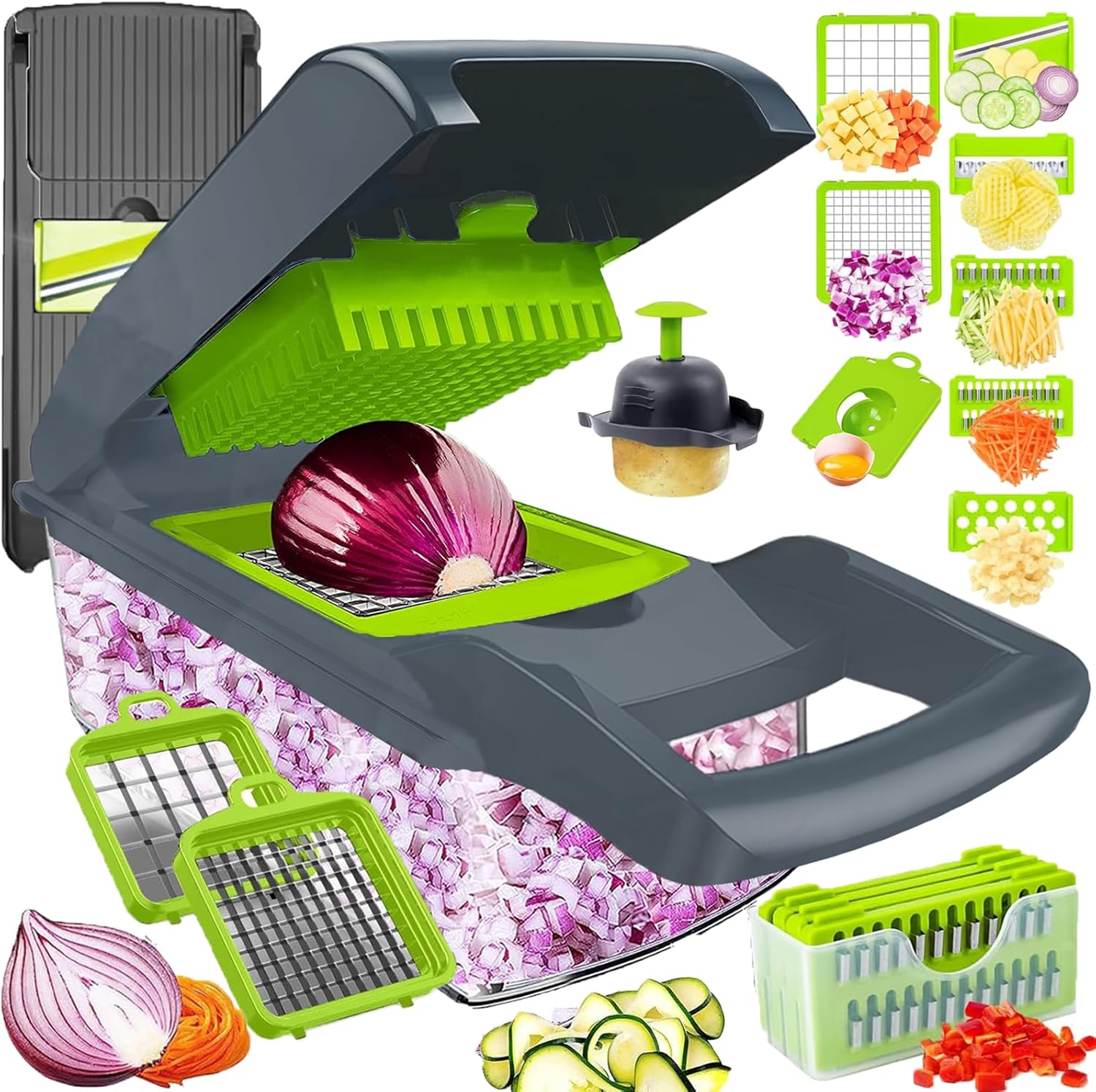 Skiennix Vegetable Chopper Dicer - Stainless Steel Manual Kitchen Gadget with Container & Grater