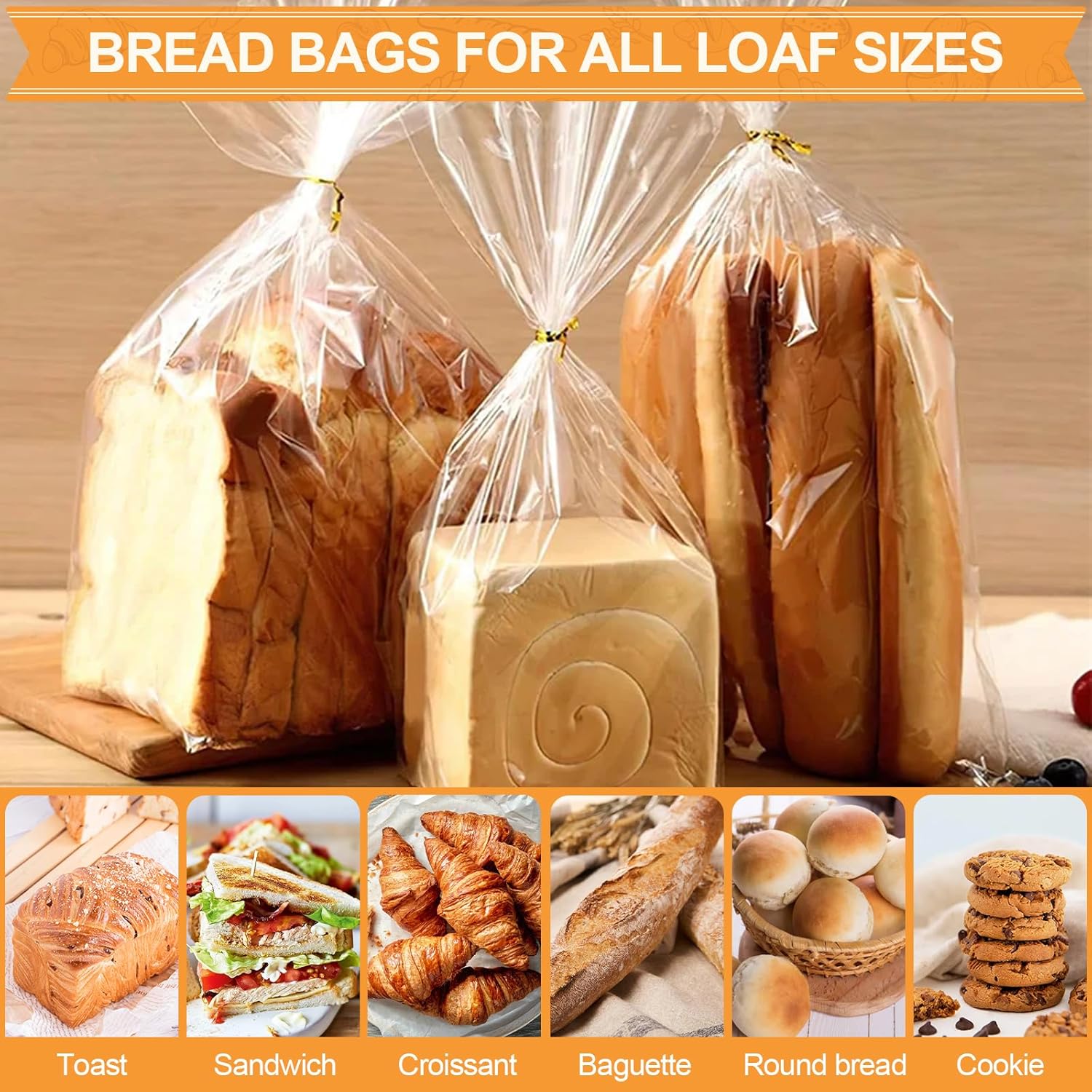 Vivinin Clear Bread Bags - 70 Pack with 100 Ties | 8" x 4" x 18" Reusable Storage for Homemade Bread