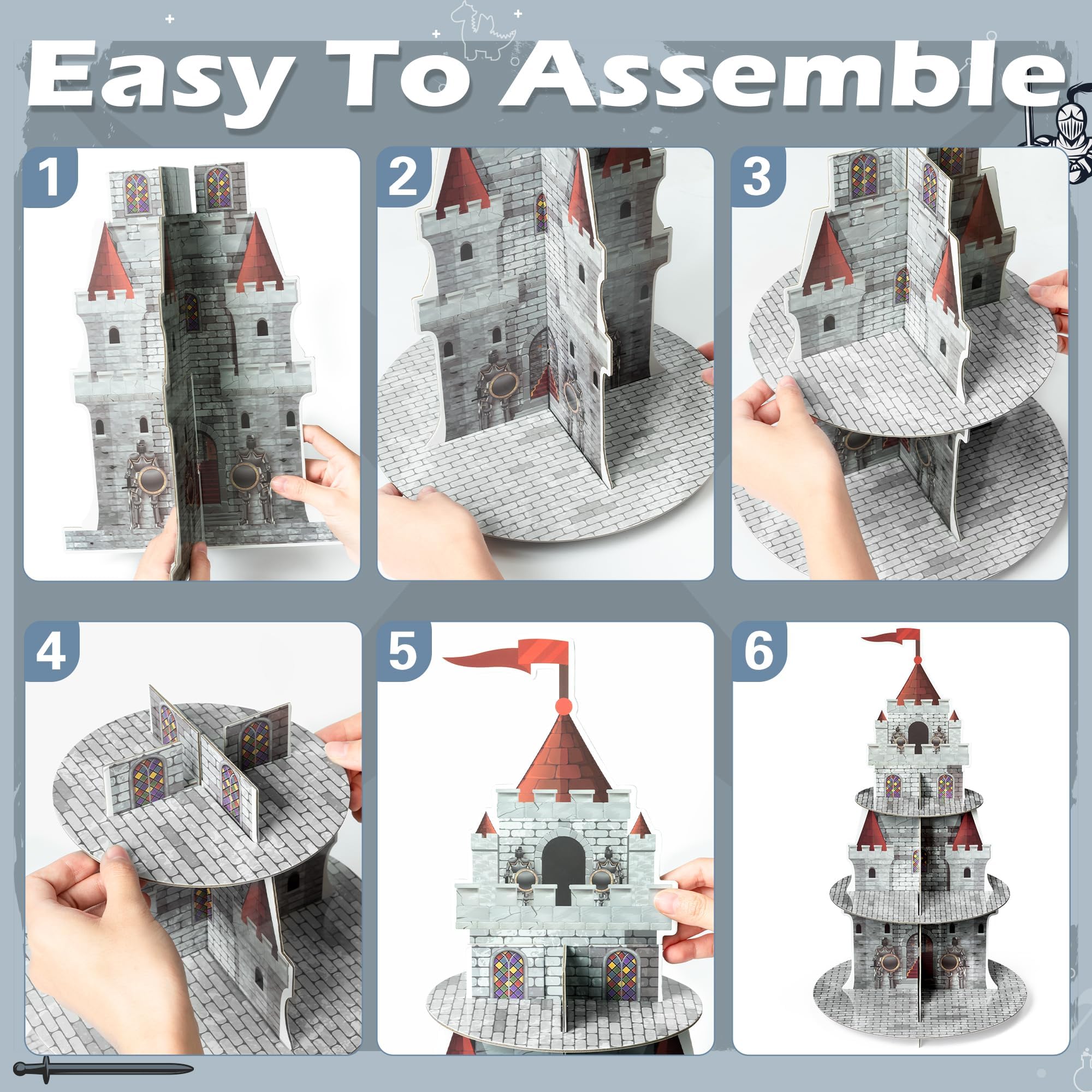 Salovio Cupcake Stand 3 Tiers Medieval Knight Cake Holder Stand Castle Birthday Party Cardboard Cupcake Holder Decorations Dessert Tower Party Supplies for Knight Birthday Baby Shower