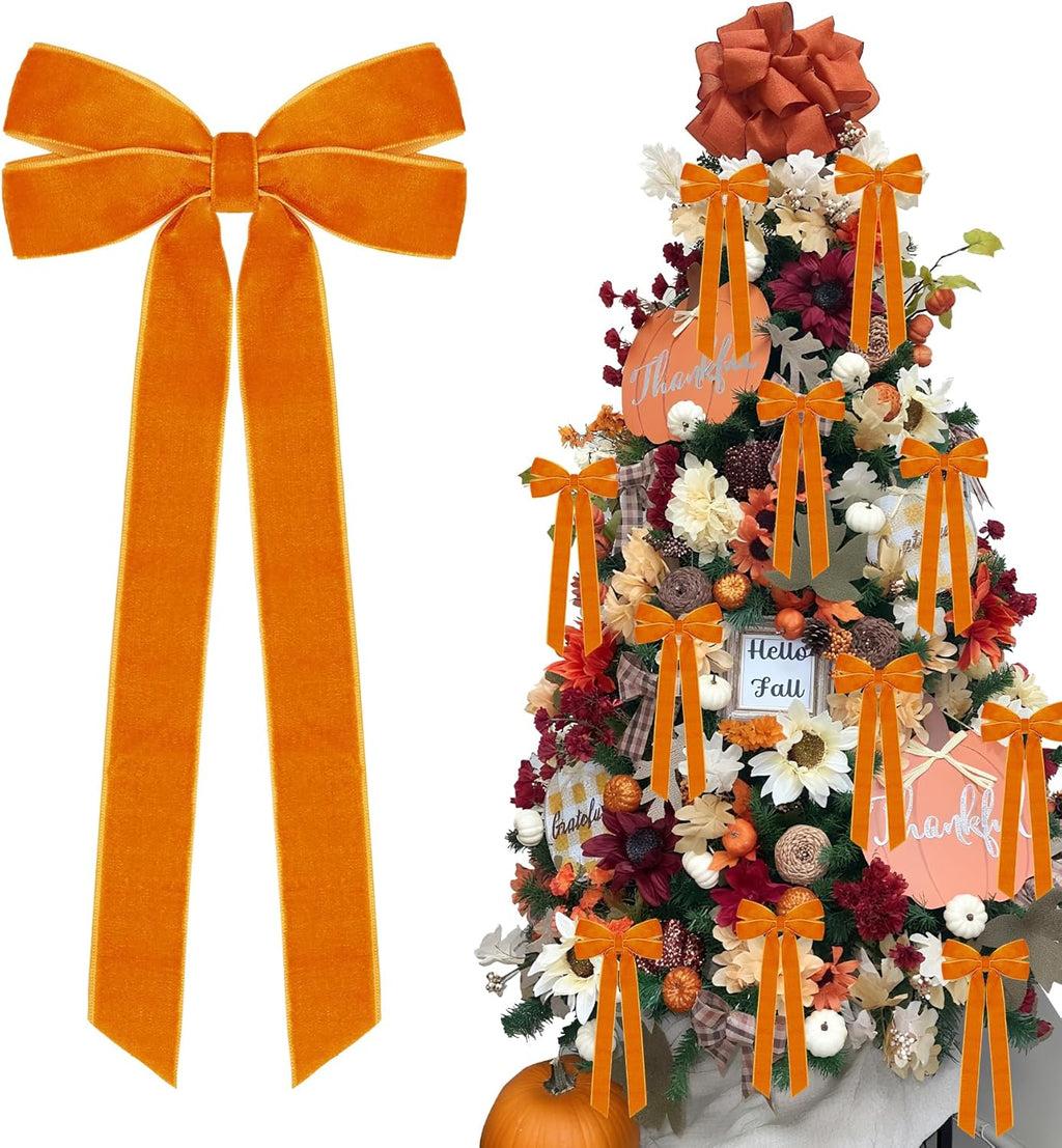 Skiennix 12Pcs Fall Velvet Ribbon Bows - 5in x 10in Orange Christmas Ornaments for Home Decor