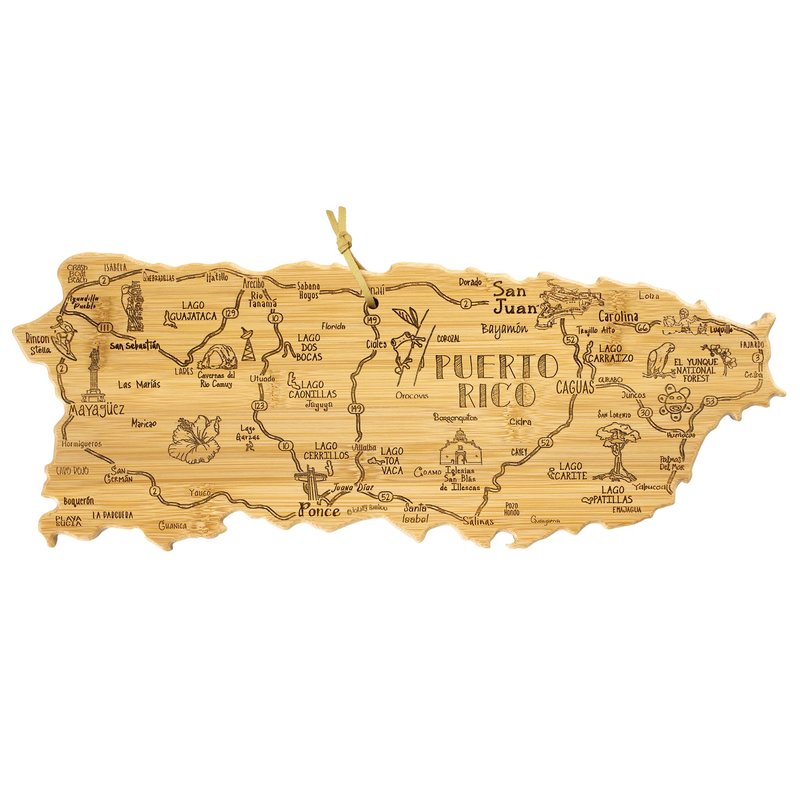 Totally Bamboo Destination Puerto Rico Shaped Cutting Board – Bamboo Charcuterie and Serving Board with Hang Tie for Wall Display