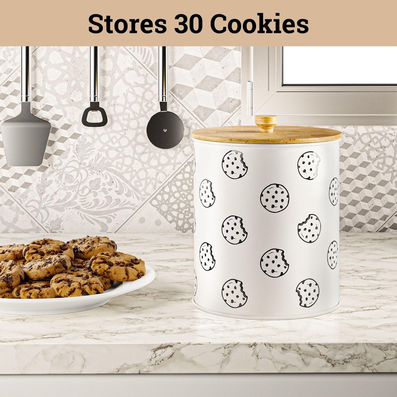 Cookie Jar with Airtight Lid - 1 Gallon - 6.6"D x 8"H White Iron Cookie Tin with Bamboo Lid - Large Cookie Jars with Lids Airtight - Farmhouse Cookie Jars for Kitchen Counter Decorative - Cookies Jar