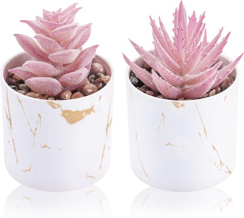 Der Rose Set of 2 Artificial Succulent Plants - Mini Pink Desk Decor for Home & Office