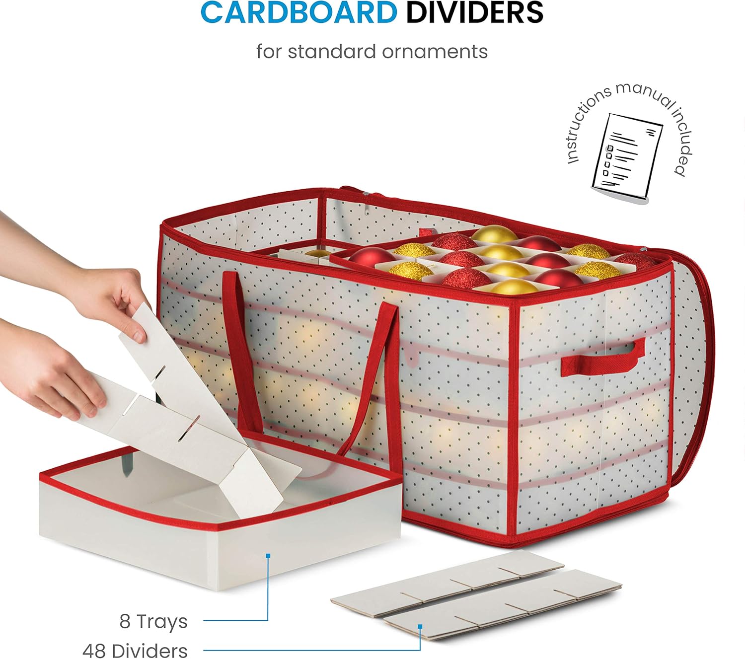 ZOBER Christmas Ornament Storage Box - Holds 128 Ornaments with Dual Zipper - Red Plastic Containers (Pack of 2)