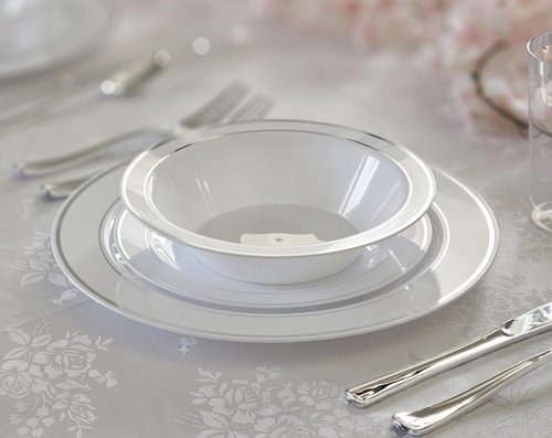 OCCASIONS 120 Bowls Pack, Heavyweight Disposable Wedding Party Plastic Bowls (14oz Soup Bowl, White & Silver Rim)