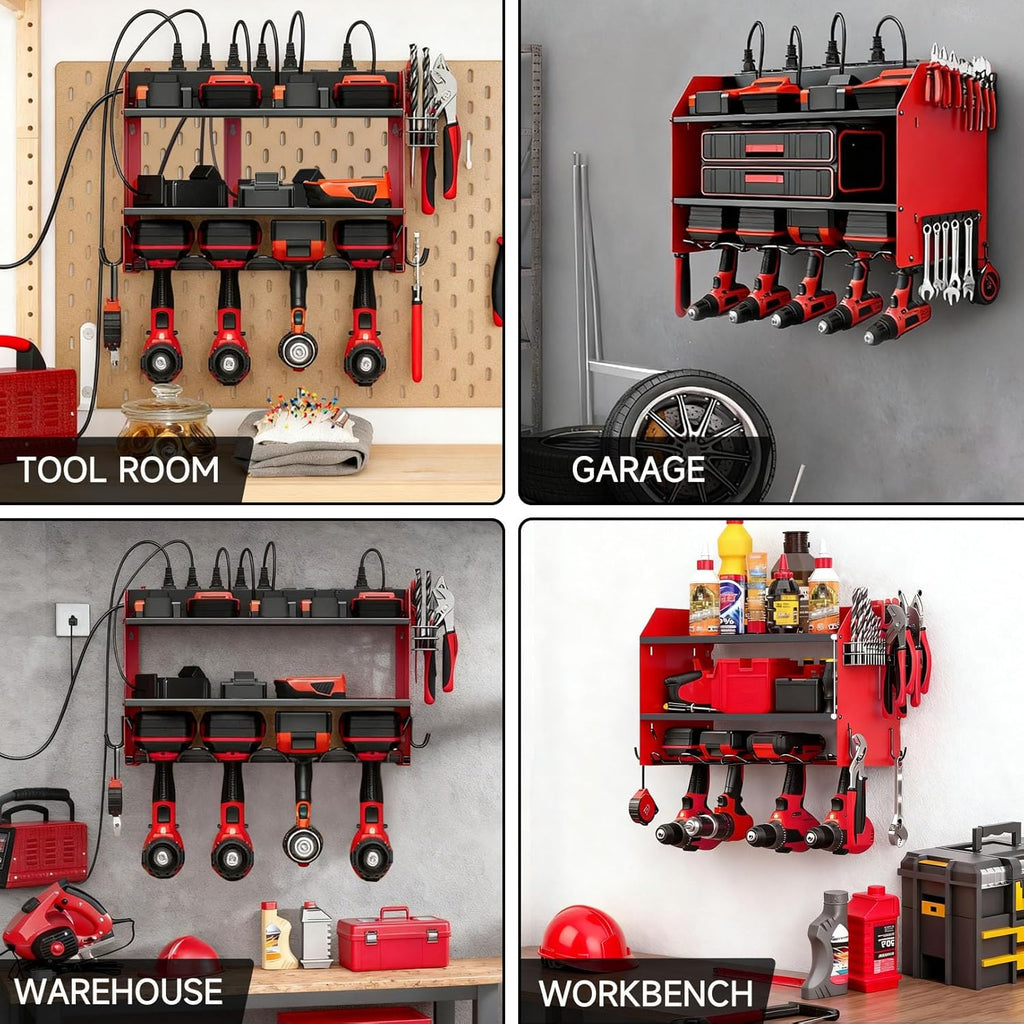 Power Tool Organizer - Heavy Duty Wall Mount Storage Rack with Charging Station & 4 Drill Holders | Ideal for Garage & Workshop