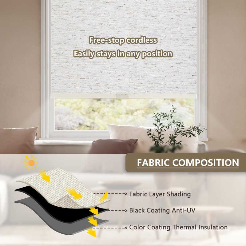 SUNOFF Cordless Blackout Roller Shades Blinds for Windows Free-Stop,Pull Down Room Darkening with Valance,Thermal Insulated Woven Fabric Window Door Blinds for Home,Office,Linen 34" W x 72" H