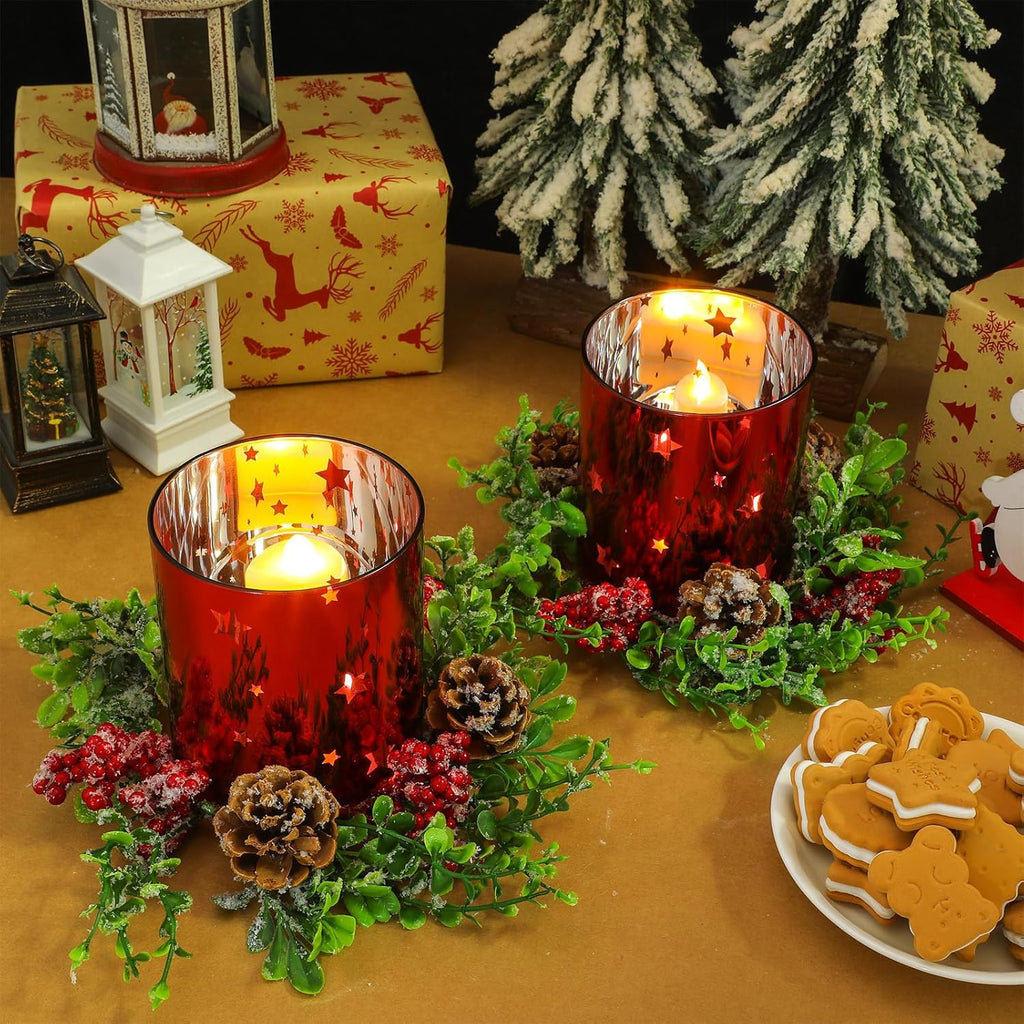 Sliner Christmas Glass Candle Holders - 4 Pcs 4.7 Inch Votive Holders with Berry Ring & Pinecone Decor