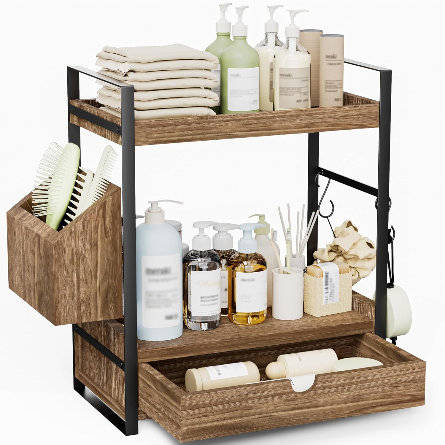 Skiennix 2-Tier Bathroom Counter Organizer - Wood Vanity Storage with Drawer & Basket | Dark Brown